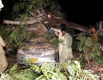 اسلام آباد میں طوفانی بارش سے درخت اکھڑ گئے، گاڑی تباہ۔
