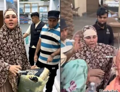 راکھی ساونت نے عمرہ کرنے کے بعد مکہ مکرمہ میں نمازی چٹائیاں تقسیم کیں۔
