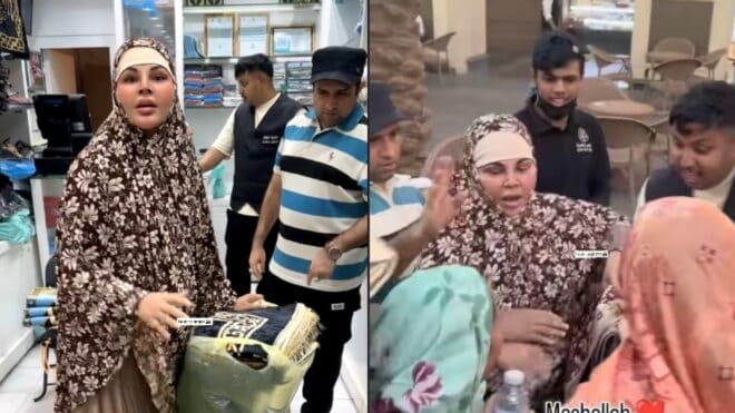 راکھی ساونت نے عمرہ کرنے کے بعد مکہ مکرمہ میں نمازی چٹائیاں تقسیم کیں۔